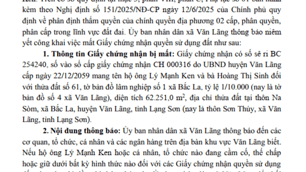 UBND XÃ VĂN LÃNG THÔNG BÁO Niêm yết công khai về việc mất Giấy chứng nhận quyền sử dụng đất
